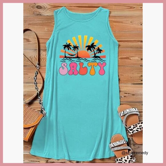 Cotton Blend Sleeveless Graphic Tank Dress Casual Summer Beach - Picture 7 of 7